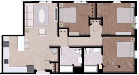 Floor plan for 3 beds, 2 baths, 1203 sqft